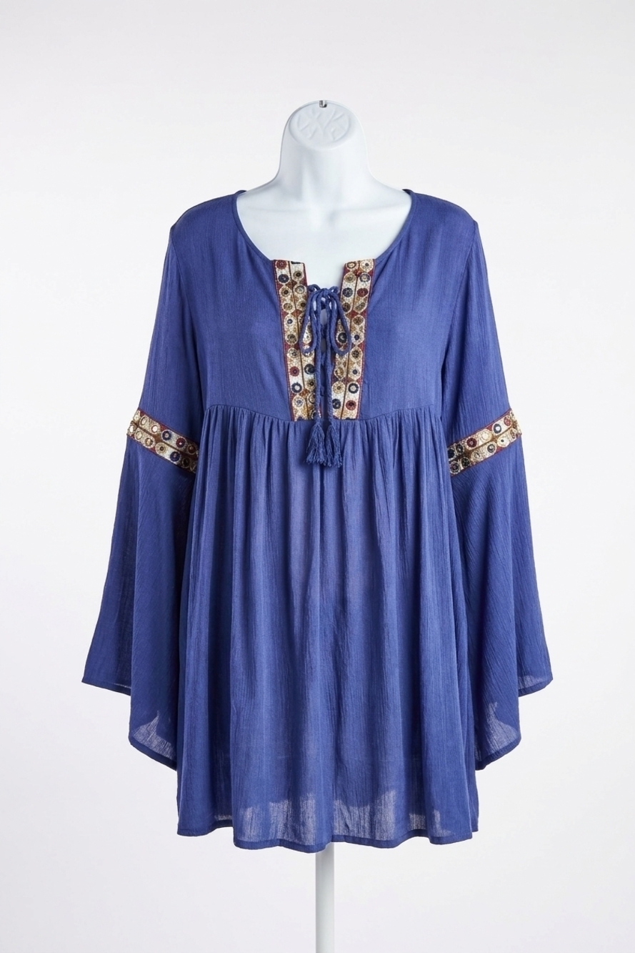 NEW VELZERA embroidered bell sleeve top in blue